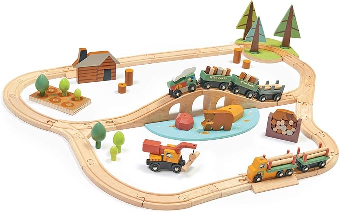 Tender Leaf Toys - Wild Pines Train Set - 95 Pieces Wooden Train & Bridge Set for Kids, Toddler Boys & Girls - Compatible with Most Toy Trains - Age 3+