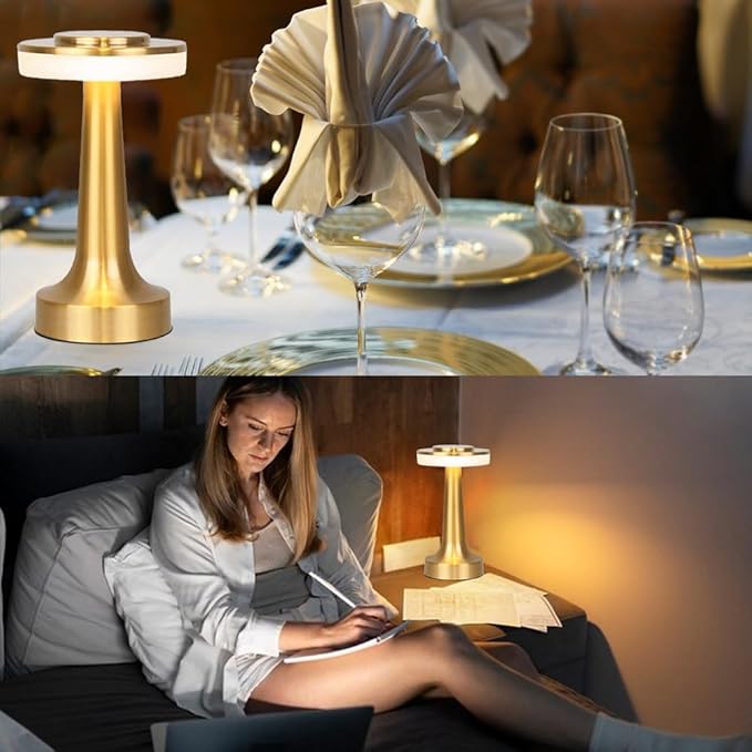 Cordless Metal Desk Lamp, Touch Sensor Control LED Table Lamp,3 Color Stepless Dimmable Battery Powered Lamp for Living Room, Dorm, Home Office (Gold)