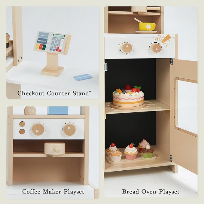 Frogprin 24 Pcs Pretend Play Coffee Shop, Kids Grocery Store Set, Wooden Drive-Thru Window, Coffee Maker, Oven, Cash Register, Bakery Toys Food Accessories Gift for Boys Girls 3+ Years Old