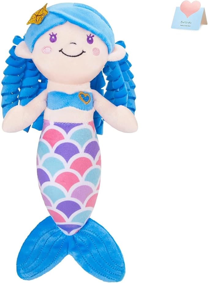 Athoinsu Blue Mermaid Stuffed Animal Soft Cute Mermaid Princess Plush Doll Toy Birthday Valentine's Day Gifts Decors for Girls Kids Toddlers, 12''