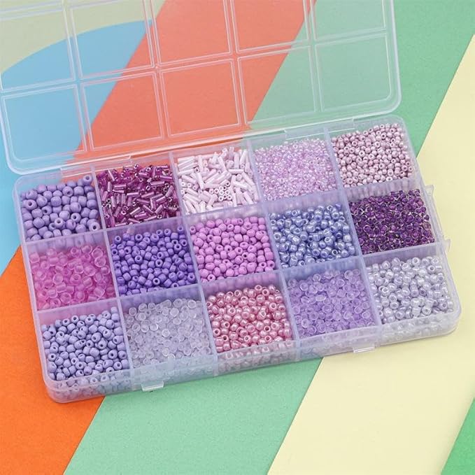15 Color 4mm Small Assorted Glass Seed Beads,3mm Bugle Beads Friendship Bracelet Kit,2mm Tiny Tube Bead for Jewelry Making(Purple)