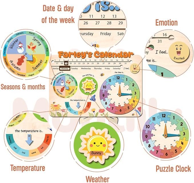 Interactive Calendar for Kids Ages 3+, Wooden Toddler Calendar, Teaching Seasons, Years, Months, Days of Week, Daily Activity Calendars for Kid Preschool & Homeschool (03 - Custom Name)