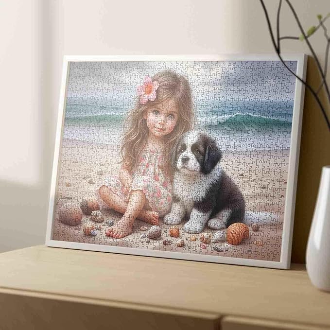 Tucocoo 1000 Piece Jigsaw Puzzle for Adults, Girl and Puppy on Seashell Beach – Ocean Artwork Puzzles, Floral Dress Coastal Art, Cute Dog Puzzle Gift for Women and Adults, Family Games Challenging
