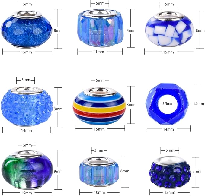 Aipridy Assortment European Large Hole Beads Spacer Beads Rhinestone Craft Beads for DIY Charms Bracelet Jewelry Making (Purple-Lake Blue-Blue)