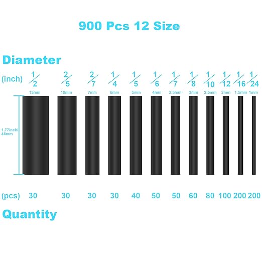 900Pcs Wire Heat Shrink Tubing Kit, Industrial Heat-Shrink Tubing for Wires, 2:1 Marine Grade Heat Shrink Wrap, Premium Large Electrical Waterproof Heat Shrink Tape (Black 12 Sizes) DHOOZ