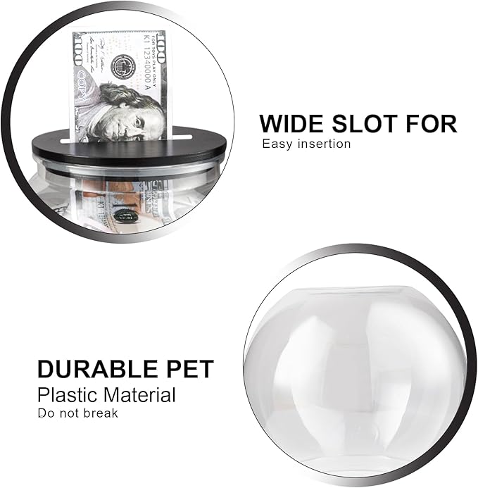 Large Clear Coin Bank Jar with Slotted Lid, 3/4 Gallon Plastic Money Tip Change Savings Coin Jar for Coin or Raffle Ticket, Big Money Coin Tip Piggy Change Bank Box for Adults Teens, Black