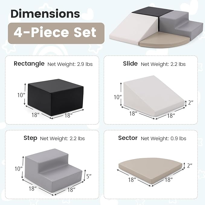 Costzon Climbing Toys for Toddlers, 4 Pieces Climb and Crawl Foam Kids Building Blocks for Children Development & Indoor Active Play, Soft Play Set for Newborn Infant Baby (Black & White & Gray)