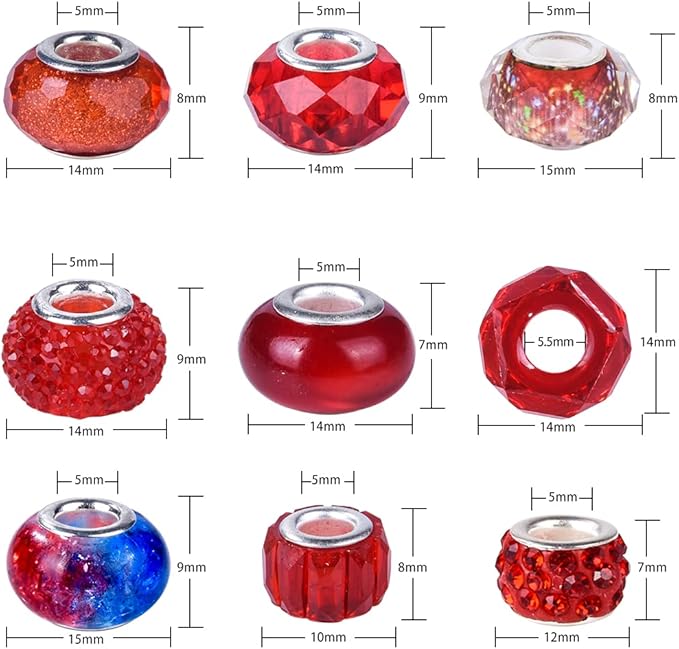 Aipridy Assortment European Large Hole Beads Spacer Beads Rhinestone Craft Beads for DIY Charms Bracelet Jewelry Making (Rose-Red-Rose red)