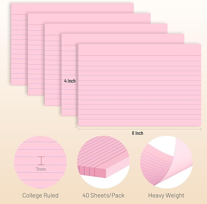 200 Pcs Index Cards 4 x 6 Inch Ruled Pink Index Cards, College Ruled Flash Cards for School, College, Office and Home Organization, Durable Study To Do List Note Cards with Ruled Lines, 5 Pack of 40