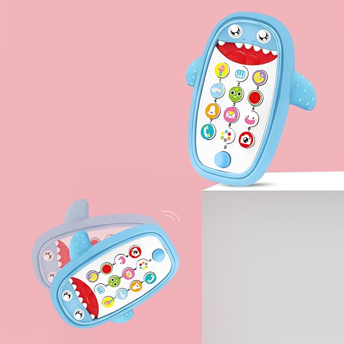 Baby Shark Cell Phone Toy Removable Teether Case, Light, Music & Adjustable Volume Kids Play & Learn Fake Phone Infant Toddler, Preschool Holiday Birthday Present for Girl Boy 12 Months (Blue)