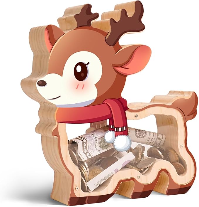 Wooden Reindeer Piggy Bank for Kids, Christmas Deer Money Bank for Boys Girls Toddler, Unbreakable Kids Money Box with Letter Sticker, Large Saving Coin Jar for Xmas Home Holiday Décor