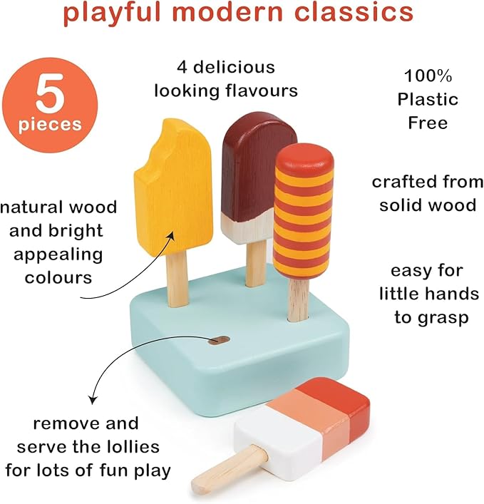 Mentari Toys - Sunny Ice Lolly Stand - 5pc Wood Ice Lolly Popsicle Play Food Set with Base - Pretend Play Food Accessories - Encourage Role Play and Develop Social Skills - Gift for Toddlers - Age 2+