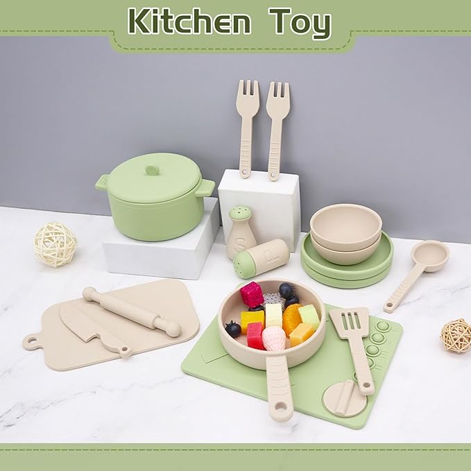 Play Kitchen Accessories, Silicone Pretend Play Kitchen Toys Set, Play Kitchen Pots and Pans Set for Kids, Learning Education Cooking Toys for Girls and Boys(Green)