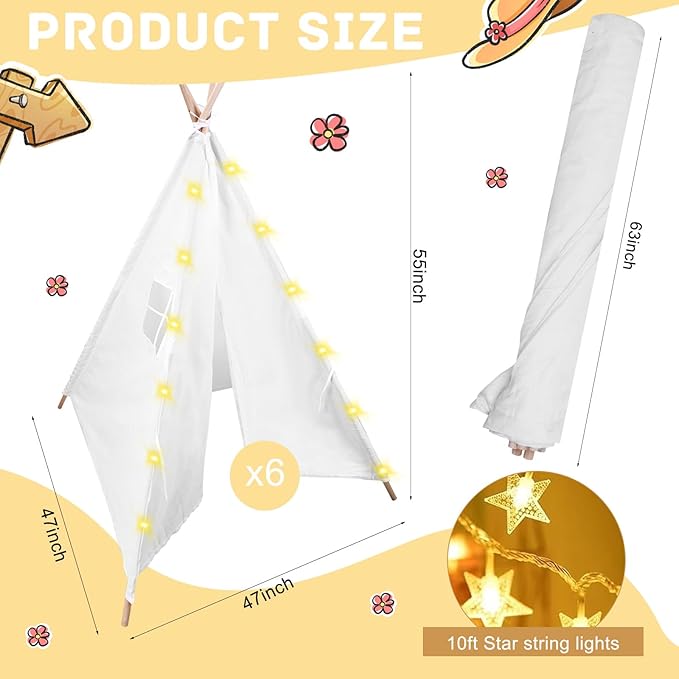 6 Packs Teepee Tent for Kids with 10ft String Lights, Indoor Play Teepee Tent for Girls & Boys, Foldable Tents for Birthday Party Boho Sleepovers Party Pajama Party (White)