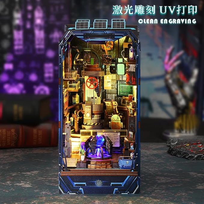 DIY Book Nook Kit - DIY Miniature Dollhouse Kit with Music Movement, Furniture and LED Lights, 3D Puzzle Wooden Art Bookends, Adult Building Model Kit (Energy Lab)