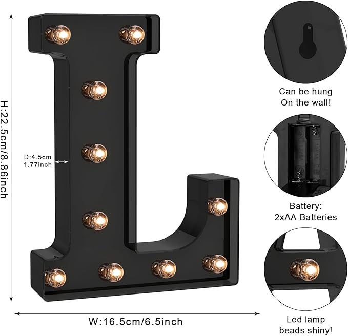 Foaky Black LED Letter Lights for Room Decor - Bedroom Wall Decor, Alphabet Lights for Home, Wedding, Party - Battery Operated （L）
