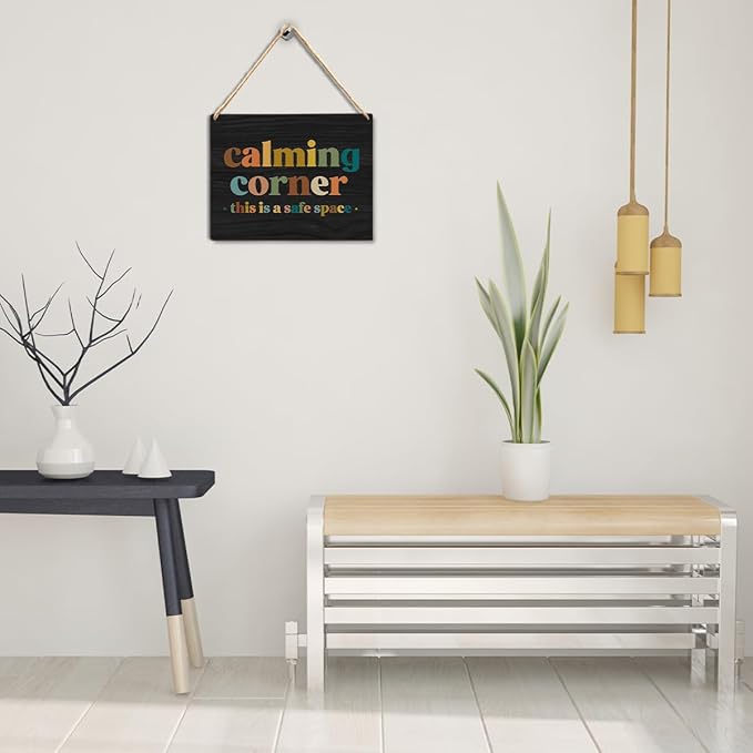 Calming Corner Hanging Wood Sign Plaque - Safe Space Classroom Decor, School Counselor Office Decor, Calm Down Corner Decorations For Classroom Preschool, Boho Classroom Decor(Black), 10x8
