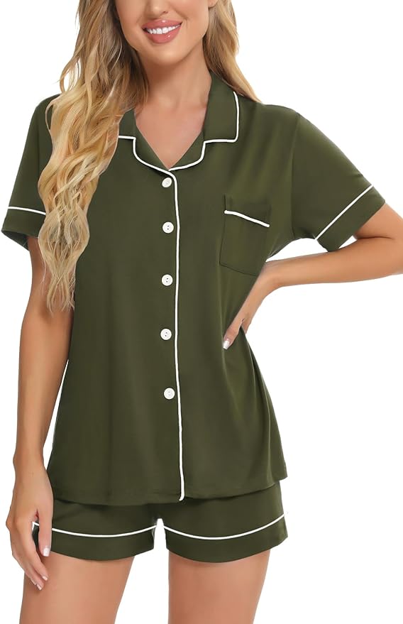 SWOMOG Womens Button Down Pajamas Set Short Sleeve Sleepwear Bride Soft Pj Lounge Sets XS-3XL