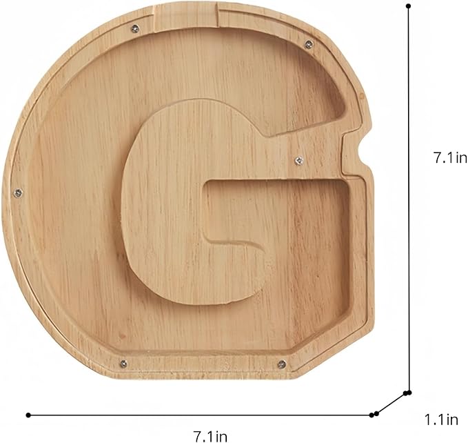 Wooden Alphabet Piggy Bank Clear Acrylic Panel Coin Savings Box Personalized Money Bank for Kids Boys Girls Adults, Birthday Home Décor(G)