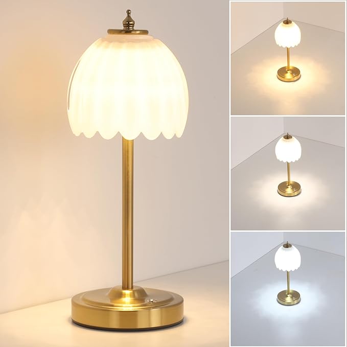 Cordless Small Table Lamp with 5000mAh Battery & Touch Control - 3 Adjustable Color Temperatures, Dimmable Rechargeable Table Lamps for Living Room, Bedroom, Desk, Nightstand (White Tulip)
