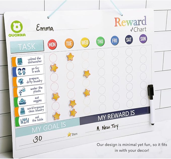 QUOKKA Reward Chart for Kids - Magnetic Behavior Chore Chart for Kids at Home - Dry and Erase Routine and Responsibility - Use 84 Magnets & 102 Stars - from Toddlers to Teens