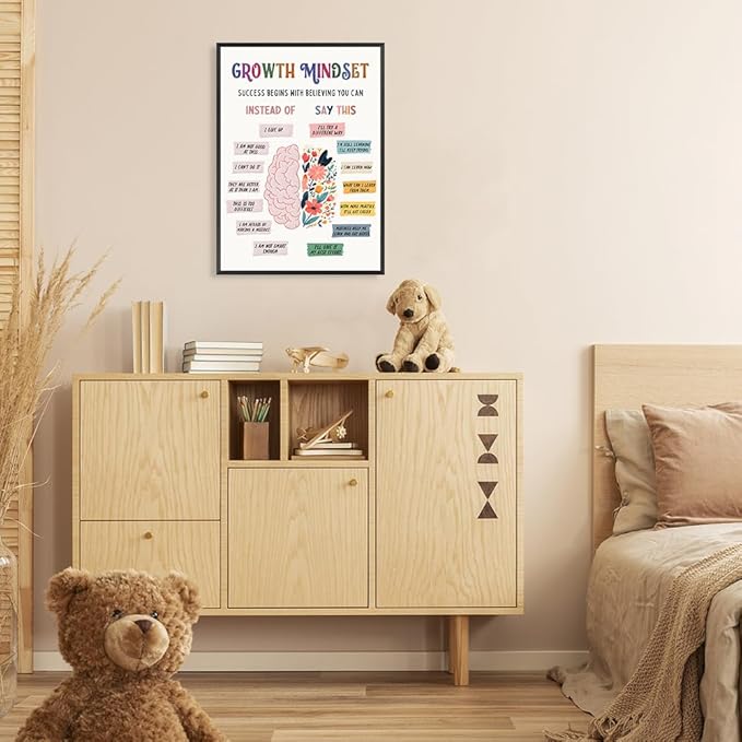 uoyien Growth Mindset Mental Health Posters Classroom Counseling Room Therapy Wall Decor Affirmations Quotes Canvas Wall Art Kids Special Educational Brain Neurodiversity Prints 16x22in Metal Framed