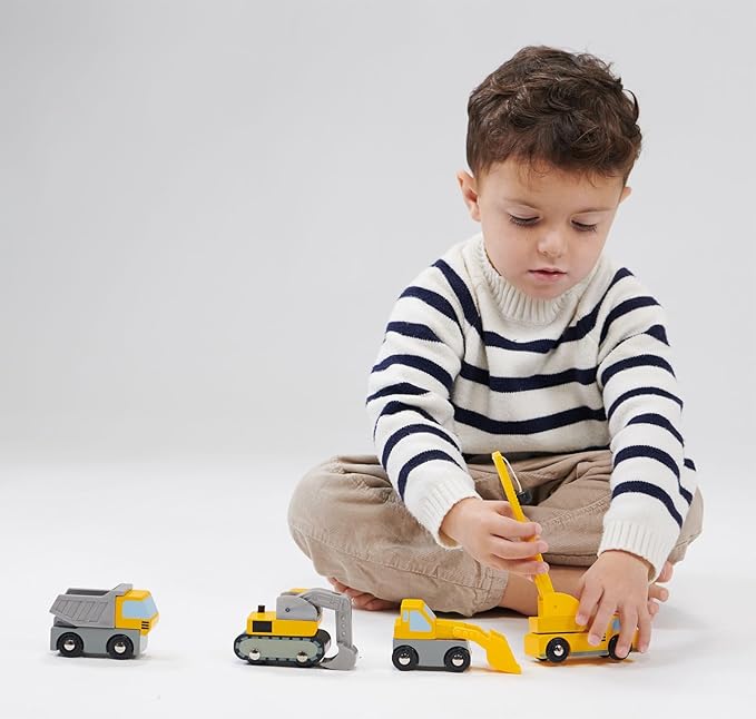Mentari Toys - Building Vehicles - 4pc Wooden Construction Vehicles with Interactive, Moving Parts - Toy Truck Set for Action-Packed Imaginative Play - Develop Motor Skills and Coordination - Age 3+