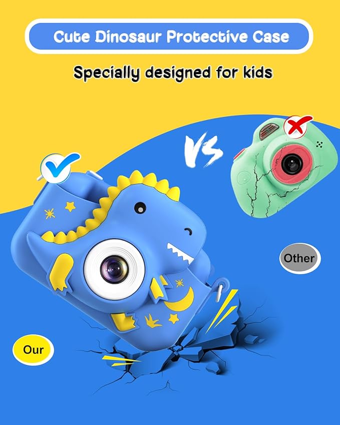 Kids Camera, Dinosaur Toddler Digital Camera for Boys Girls, Christmas Birthday Gifts, Selfie 1080P Camera for 3 4 5 6 7 8 9 Years Old Toys Dark Blue