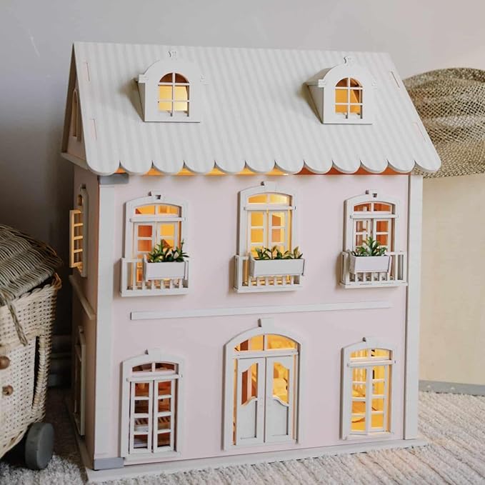 Wooden Dollhouse - 55+ Pieces Furniture and Accessories - Large 3-Story Wooden Doll House with Modern Decor