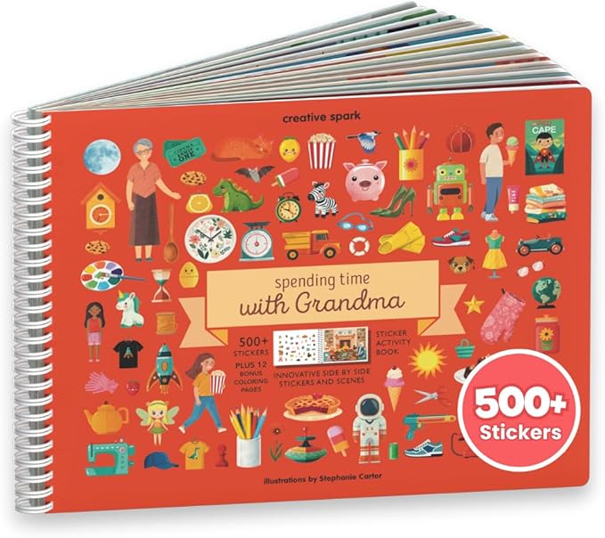 CUPKIN Sticker Book for Kids 2-4, 500+ Kids Stickers, Spending Time with Grandma 12 Coloring Pages, 12 Scenes, Fun Toddler Travel Activity Coloring and Sticker Books for Children Ages 4-8 + 8-10