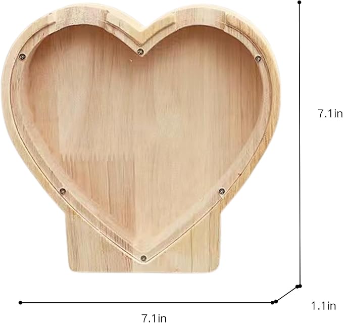 Wooden Heart Piggy Bank Transparent Acrylic Panel Coin Savings Box Personalized Money Bank for Kids Boys Girls Adults Couples, Birthday Christmas Wedding Gift Home Décor