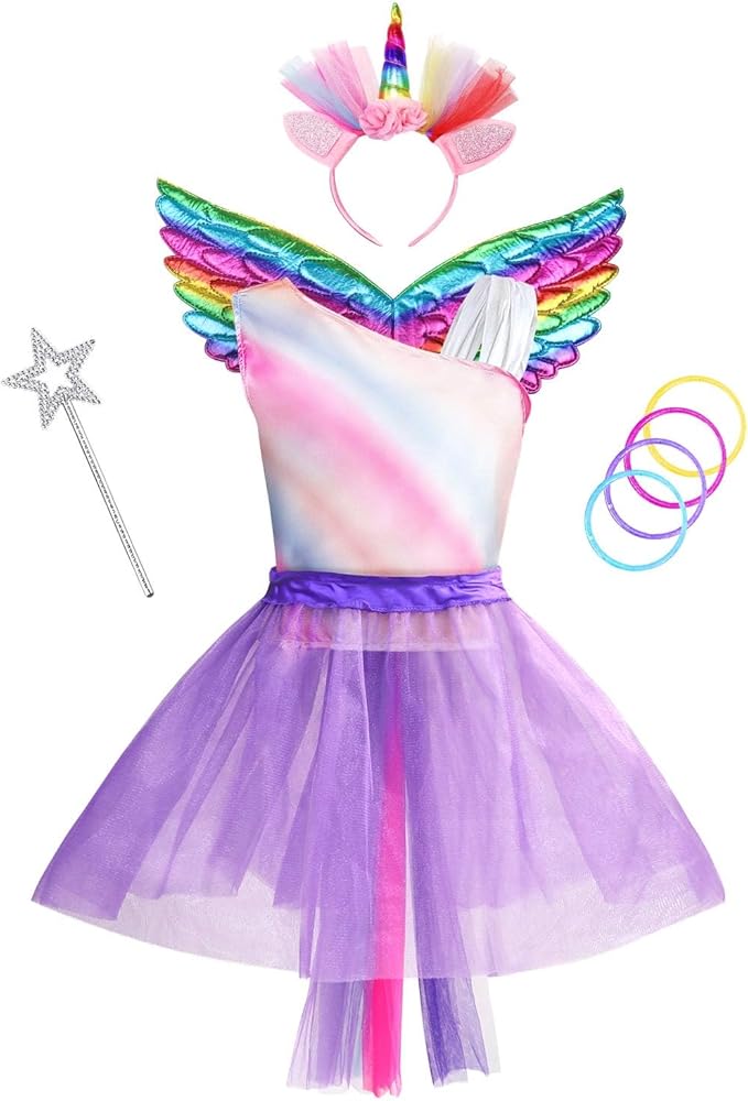 Jeowoqao Girls Unicorn Princess Dress up Trunk Set 19 Pcs, Girls Rainbow Unicorns Costume, Toddler Girls Dress up Clothes Pretend Play Costumes for Little Girl Ages 3 4 5 6