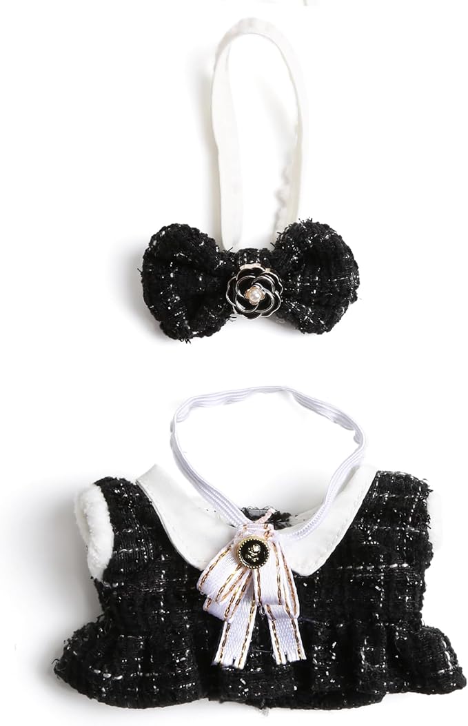 17cm Doll Clothes for Labubu - Luxury Chic Style Set for 17cm Dolls Outfit - Accessories for Dolls Clothes -Black Plaid Tweed Dress + White Necktie + Black Bow (No Doll)