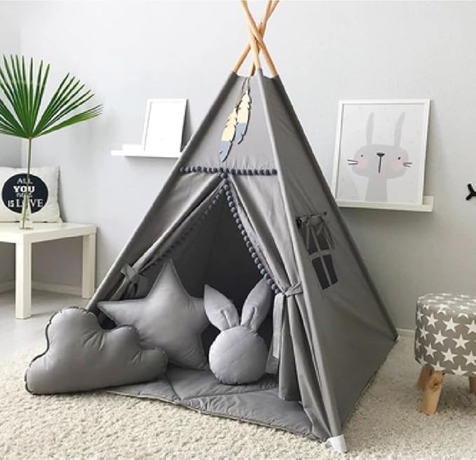 Kids Teepee Tent with White Pom Pom - Indoor Play Teepee for Children Boys Portable Play House (Grey)