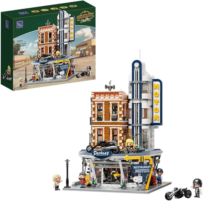 PANTASY Retro Motorcycle Diner & Bar Building Set - Modular Street Corner Architecture Kit with Interactive Doors, Openable Walls, 4 Motorcycles & 5 Exclusive Minifigures for Display & Play