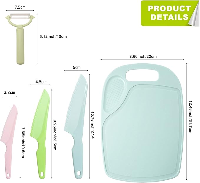 Kids Knifes Set, Kitchen Knife and Cutting Board Set, Children's Cooking Knives in 3 Sizes & Colors/Firm Grip, Serrated Edges, BPA-Free Kids' KnivesLettuce and Cutting Board Peeler