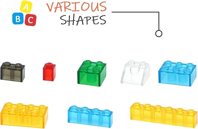 300PCS Transparent Clear Building Bricks Set, Compatible with Classic Blocks Parts and Pieces, 8 Shapes Bulk Bricks in Random Color for Boys