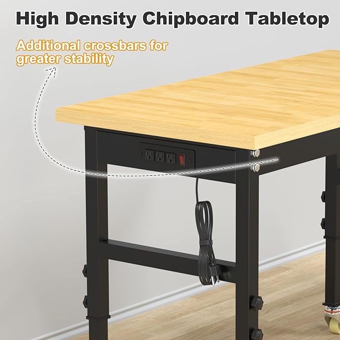 48"x24" Adjustable Workbench on Wheels, Heavy-Duty Work Bench, 2000 LBS Worktable with Power Outlets & Drawer, Portable Chipboard Work Station for Garage, Repair Shop, Workshop, Office