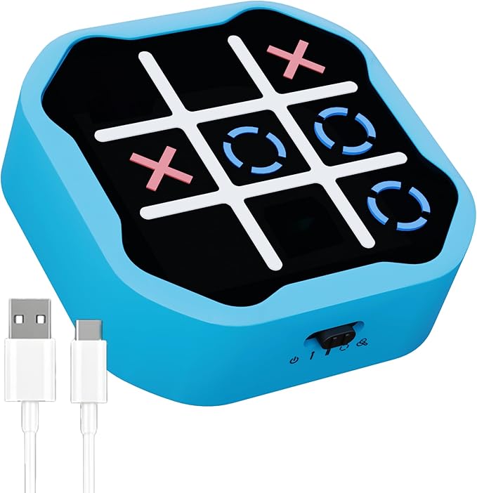4-in-1 Rechargeable Electronic Tic Tac Toe Game – Handheld Travel Toy with Memory & Whack-a-Mole, Silent Mode, Fun for Kids & Adults, Ages 3+, Blue