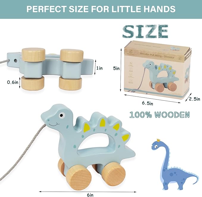 Baby Toys Car,Wooden Pull Along Toddler Toy, Developmental Toy for 1 Year Old Girl Boy Birthday Gift (Dinosaur)
