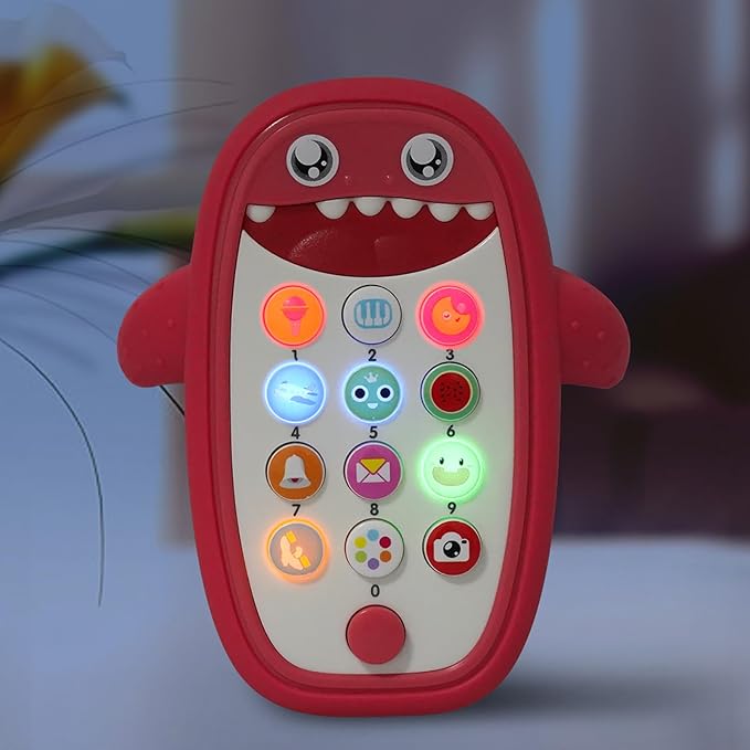 Baby Shark Cell Phone Toy Removable Teether Case, Light, Music & Adjustable Volume Kids Play & Learn Fake Phone Infant Toddler, Preschool Holiday Birthday Presnet for Girl Boy 12 Months (Red)