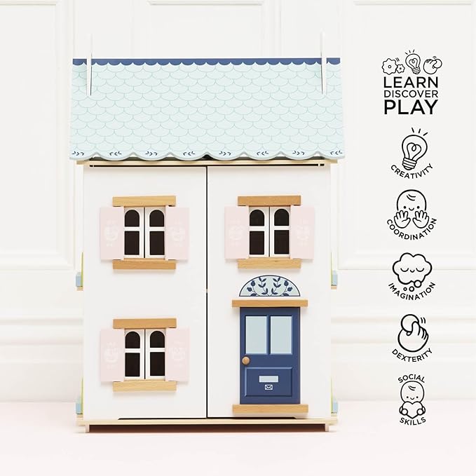 Le Toy Van – Blue Belle Wooden Doll House | Girls & Boys 3 Storey Wooden Dolls House Play Set - Suitable for Ages 3+