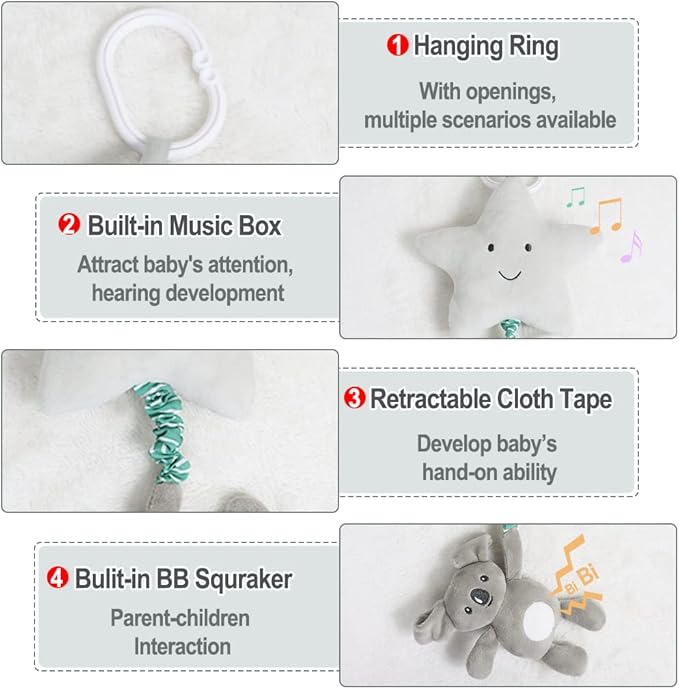 Baby Hanging Musical Toy With Music Box, Lullaby Pull Sensory for Babies Boys and Girls, Clip On Infant Pram Pushchair Cribs Strollers Car Seats, Star