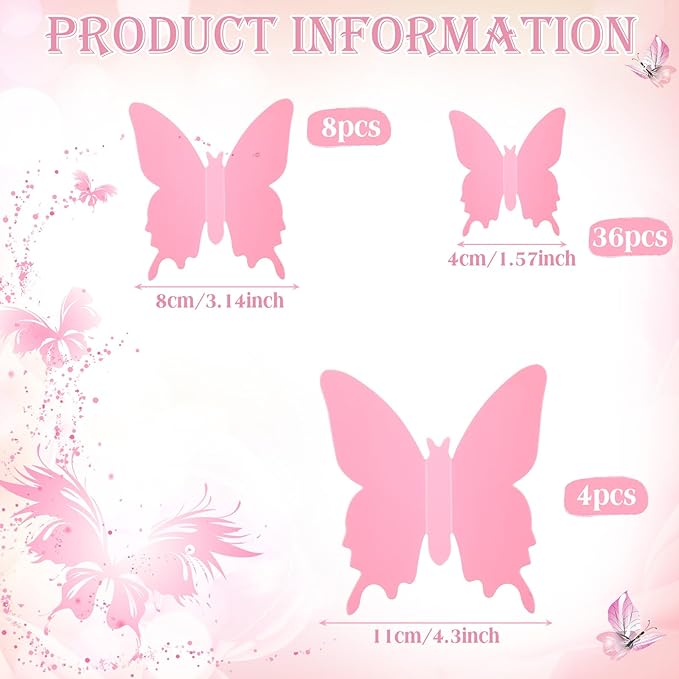 BBTO 48 Pieces Butterfly Wall Decor DIY Mirror 3D Butterfly Stickers Removable Decals for Home Bedroom School Bathroom Living Room Decor(Pink)