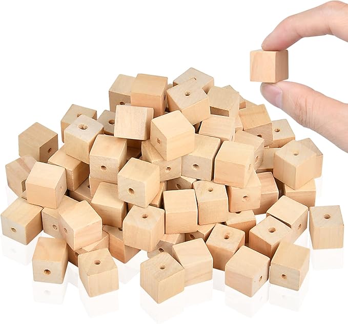 Supkiir Wood Craft Cubes, 100PCS Small Wooden Holes Craft Blocks, Unfinished, 0.63"-16mm Cubic