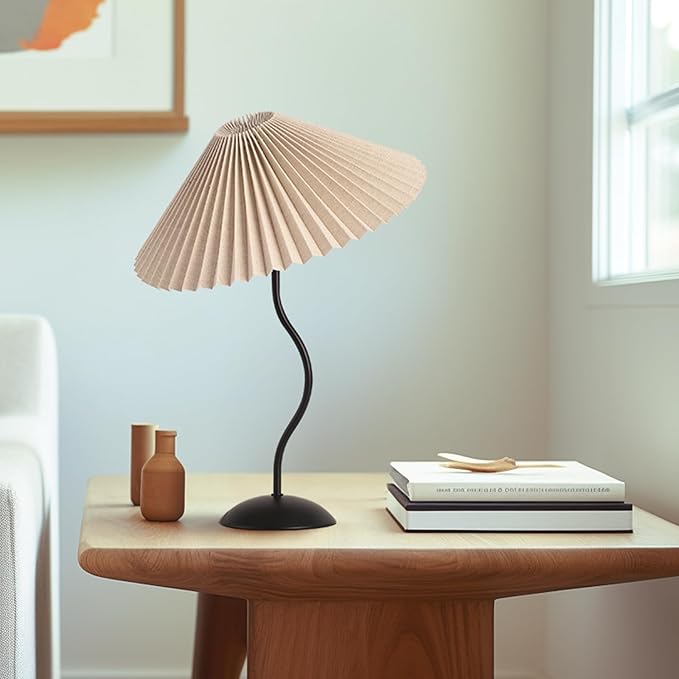 KUNJOULAM Small Pleated Table Lamp, Bedside Nightstand Lamp with Beige Lampshade Black Base, Morden Mini Lamp for Bedroom Home Office Decor, E12 Bulb Included