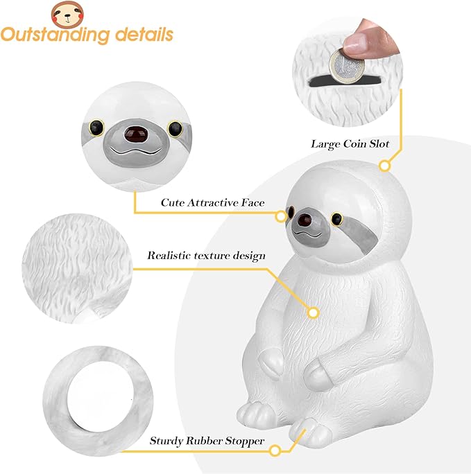 Winsterch White Piggy Bank,Sloth Ceramic Piggy Bank Saving Money Box,Practical Birthday Christamas Gifts for Kids Boys and Girls,Coin Bank7.87 x 5.9 inches