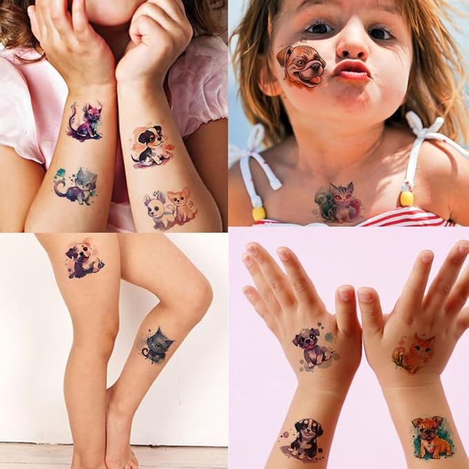 Watercolor Puppy and Kitten Temporary Tattoos for Kids, 10 Sheets Cute Watercolor Dog Cat Pet Tattoos Birthday Party Supplies Gifts Decoration