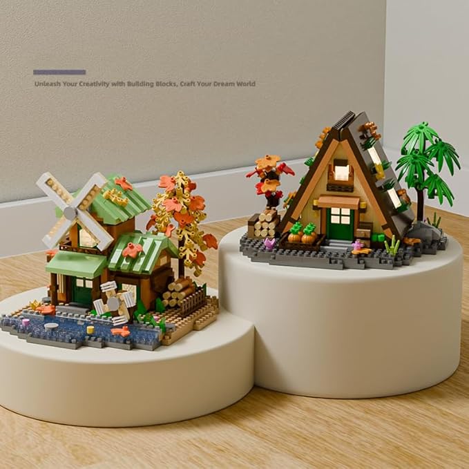 Garden Mini Wood Cabin Micro Building Set with LED Light Wooden Forest House Block Toy with Tree Log Stem Houses Construction Model for Adults Teens Birthday Gift