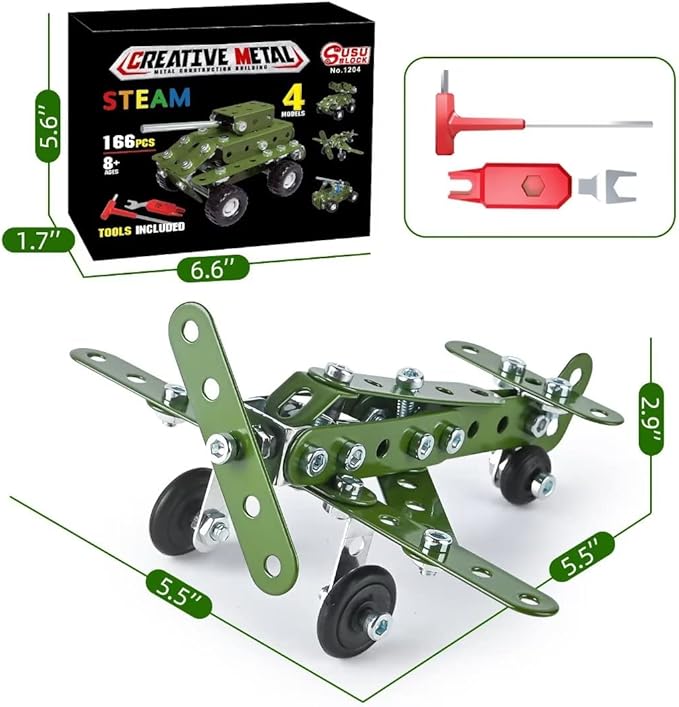 Metal Building Military Series Assembly Toys,Small Construction Set for Kids Ages 4-8, Military Toys for Boys Age 8-12,STEM Toy Gifts for Model Army Kit(166pcs No Motor)